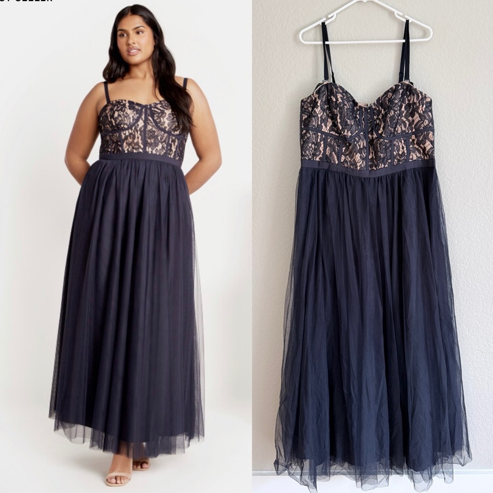 City Chic Plus Size Sweet Beauty Evening Maxi Dress Navy Lace Tulle